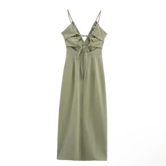 Sleek Olive Green Spaghetti Strap Dress - Picture 2 of 3